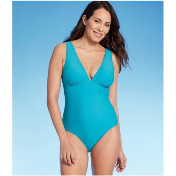 Women's Medium Coverage Wide Shoulder V-Neck One Piece Swimsuit - Kona Sol™ Blue - Picture 1 of 4
